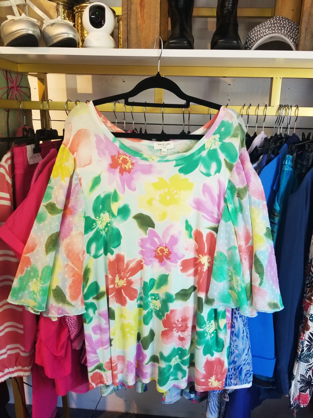 Kim & Cami Floral Swing Top in White, Green, Pink, Yellow, Coral